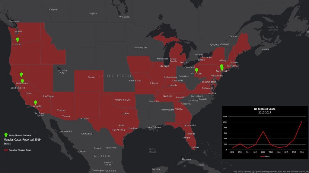 States that have reported measles cases this year, with current outbreaks pinpointed in green. The graph shows the change in total cases annually since 2010. (Map by Direct Relief)