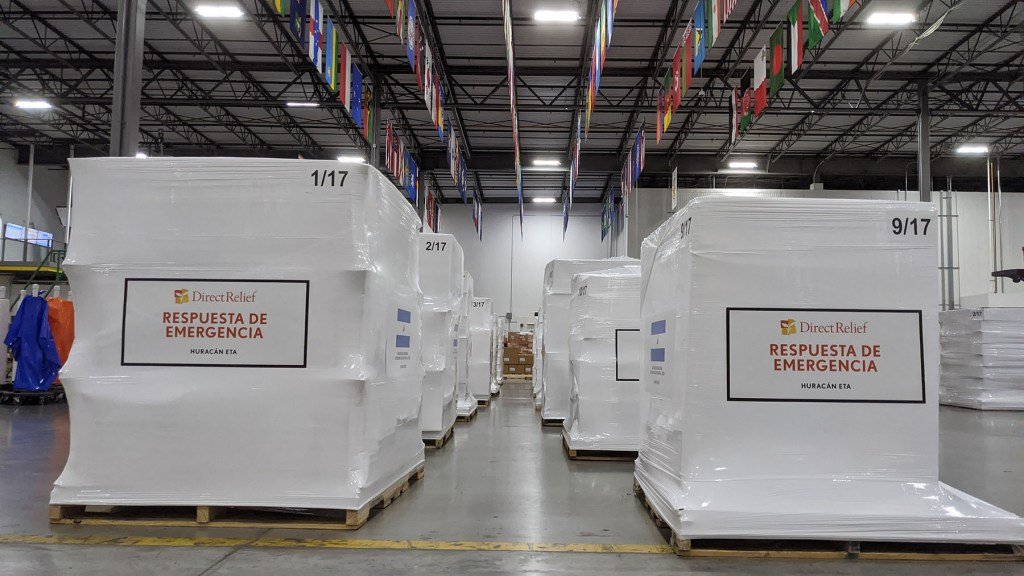 Medical aid staged in Direct Relief's warehouse on Nov. 10, 2020, before being deployed to Honduras in response to hurricanes in the region. (Tony Morain/Direct Relief)
