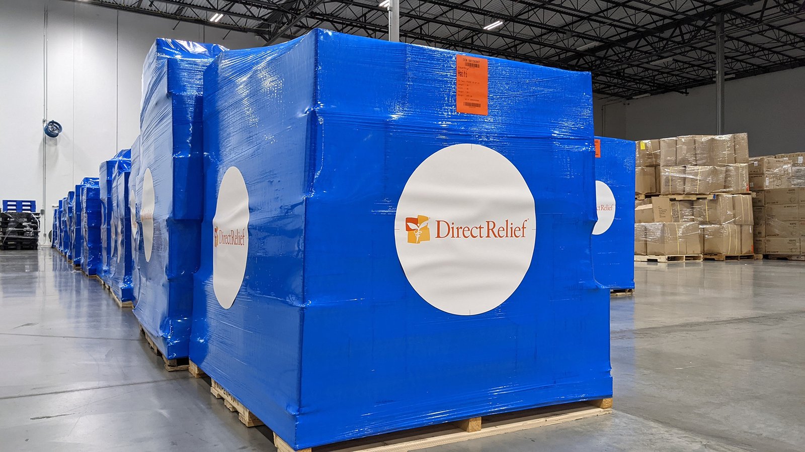 Medical aid for Haiti is staged in Direct Relief's California distribution center, in preparation for a chartered flight to the country. (Direct Relief photo)