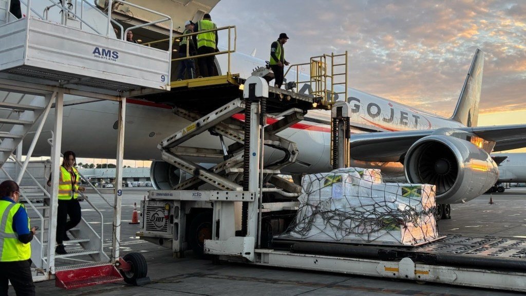 Pallets load into a cargo plane